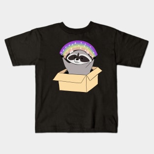 Funny Raccoon in a box with a rainbow Kids T-Shirt